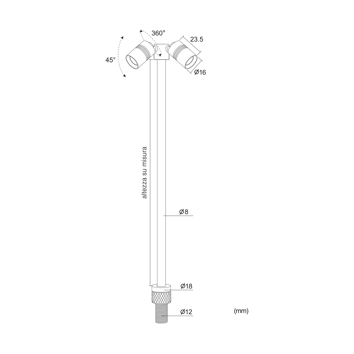 Asta Duo 2×1W — disegno quotato in millimetri