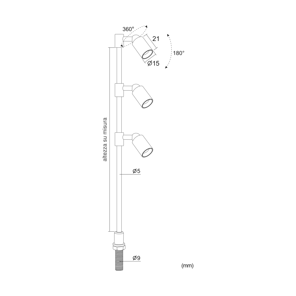 Asta Cromo 3W — disegno quotato in millimetri