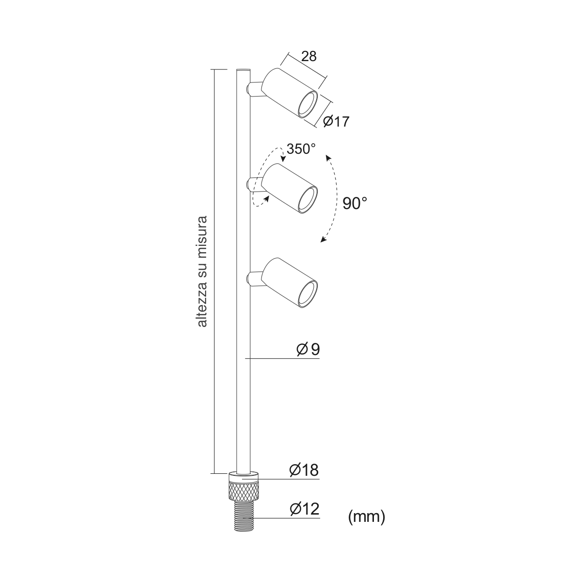 Asta Tripla Orbit 3×1W — disegno quotato in millimetri