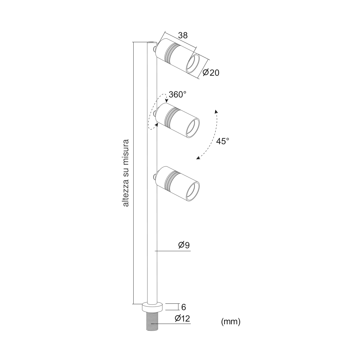 Asta Tripla 3×2W — disegno quotato in millimetri