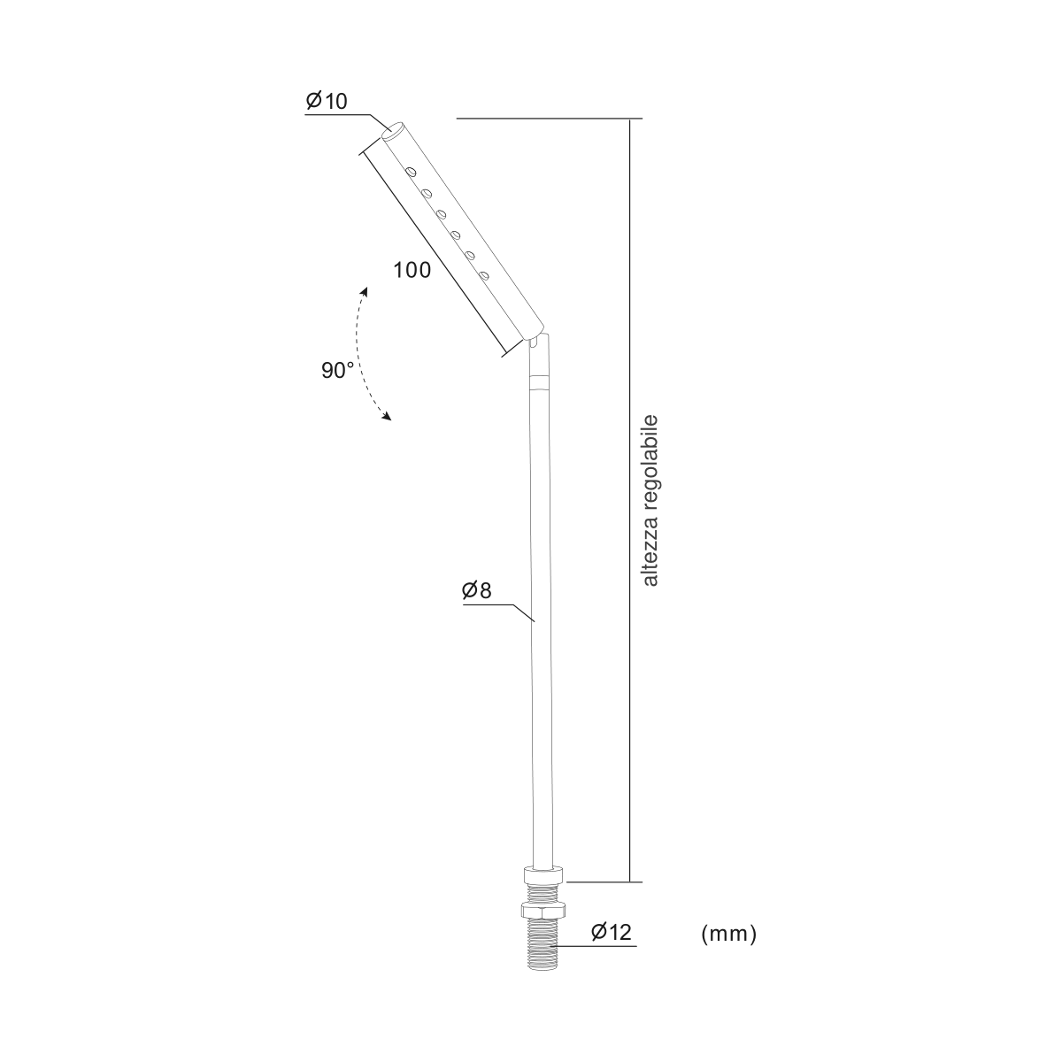 Asta Testa 60° 3W — disegno quotato in millimetri