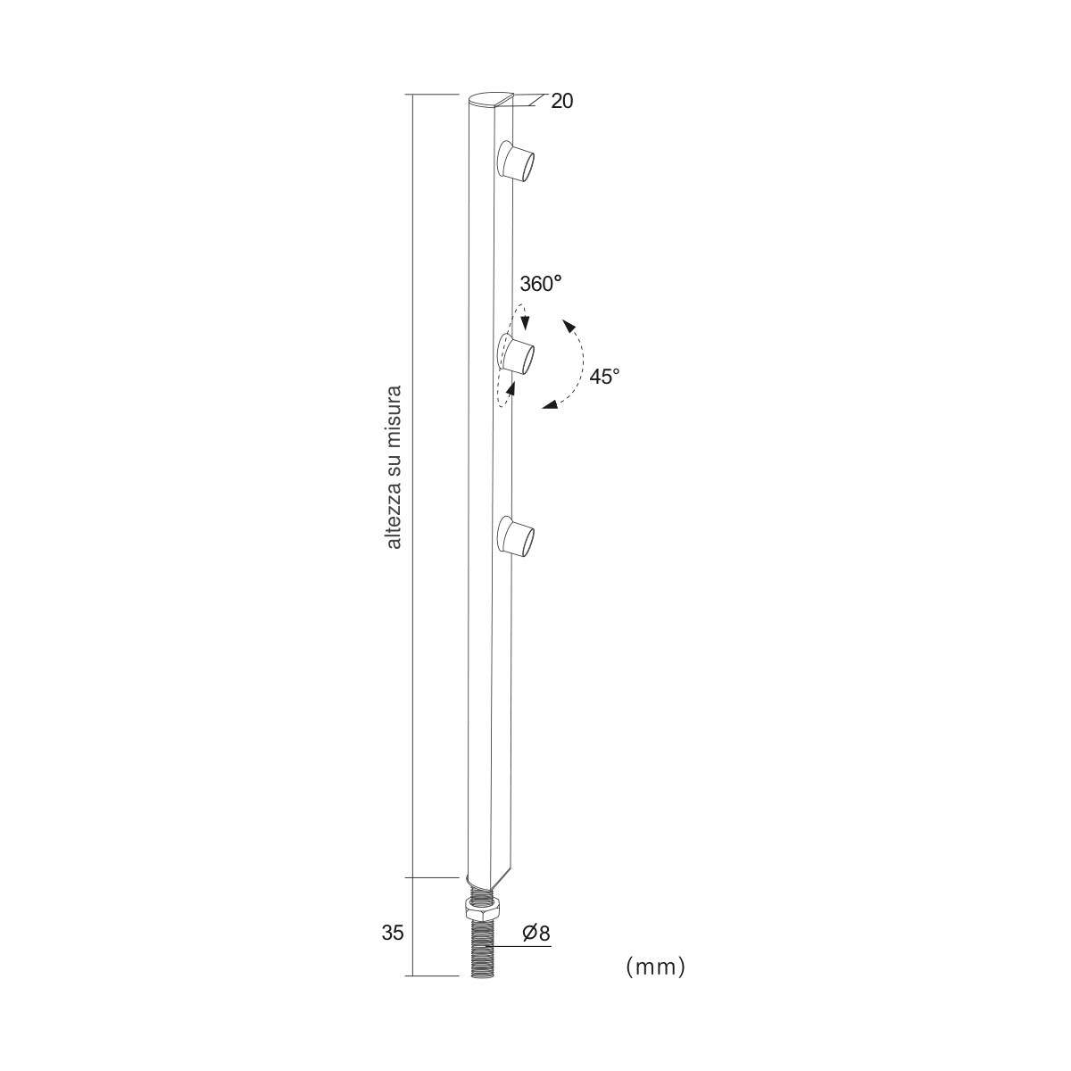 Asta Mini 9 — disegno quotato in millimetri