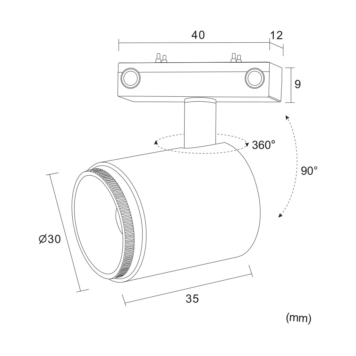 Filo Zoom Plus 3W — disegno quotato in millimetri